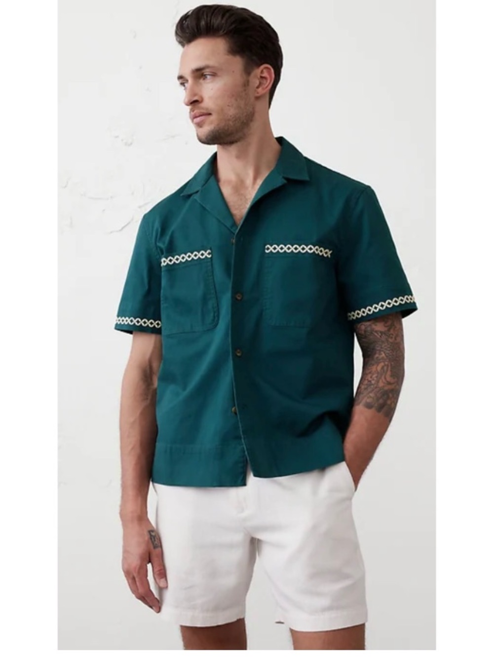 Men's Banana Republic Tall Resort Embroidered Relaxed Fit Shirt Green Large